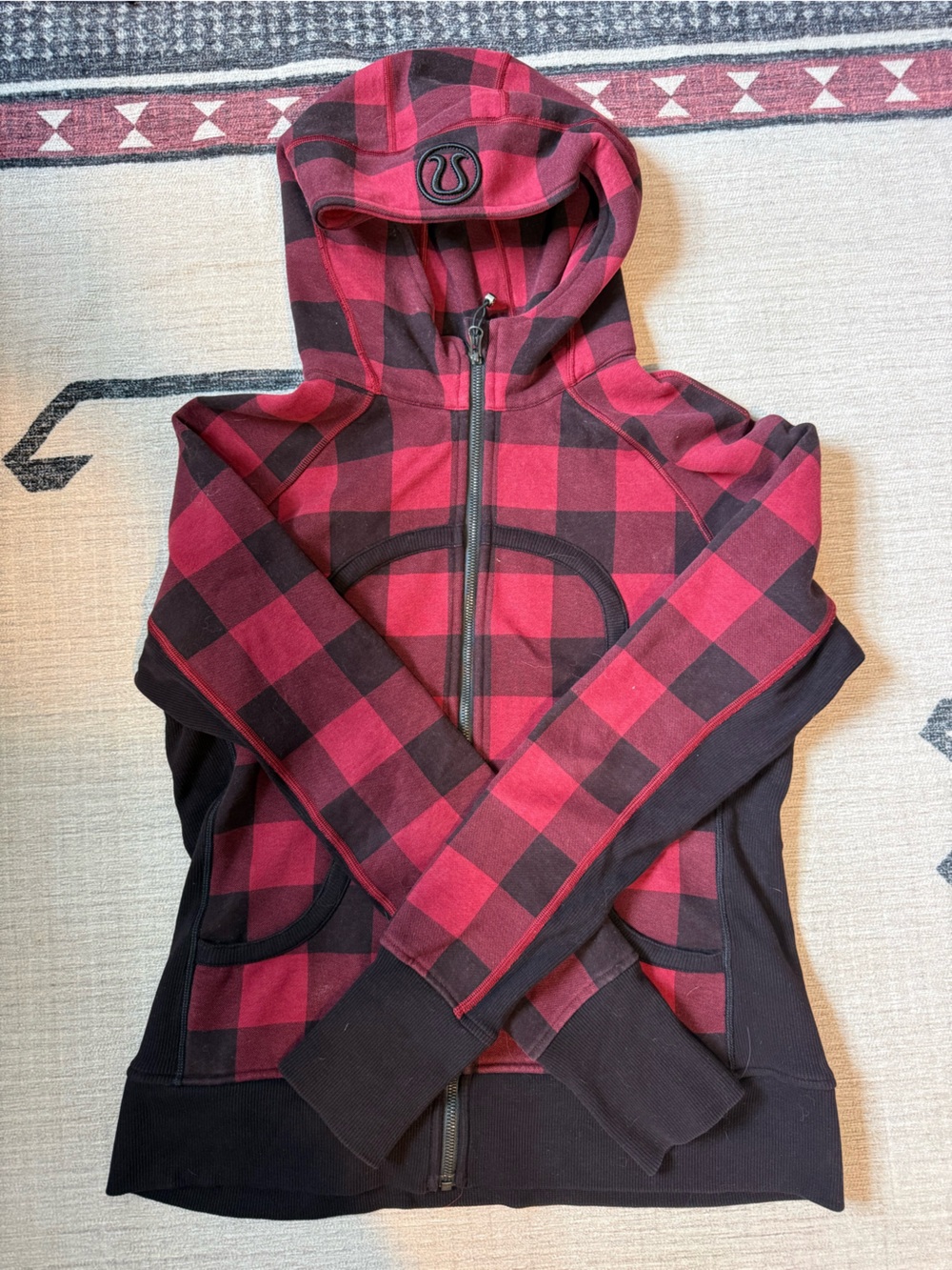 lululemon athletica Red and Black Buffalo Plaid Zip One-Piece Hoodie - VINTAGE
